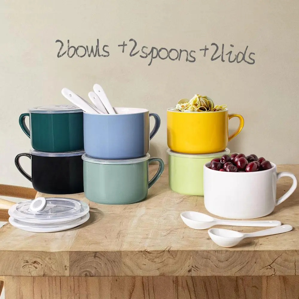 Ceramic Ramen Bowls with Lid & Spoon, Large Soup Mugs with Handle, Big Cereal & Noodle Bowls, Set of 2