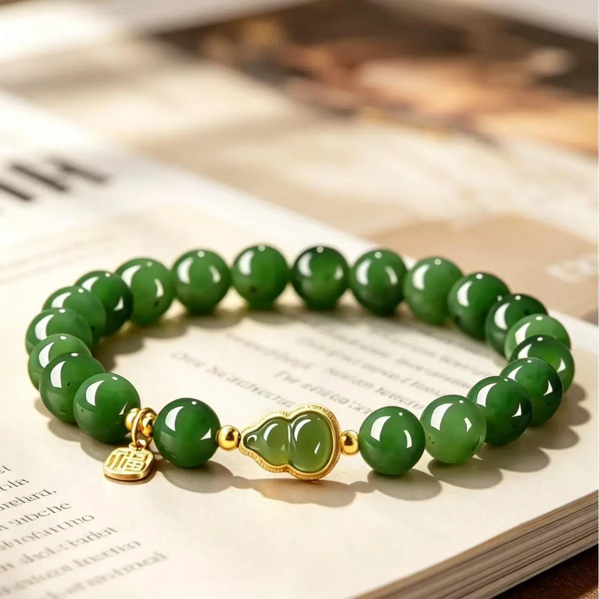 Women's Trendy Green Agate Bracelet - Spinach Green Fortune Beads, Small Gourd Jade Accent for Wealth & Prosperity - Rare Stone Collectible Cultural Item