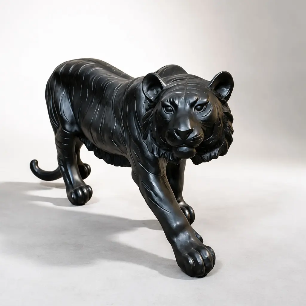 Large Weatherproof Black Tiger Resin Statue - Art Deco Garden Decor with Carved Details, 33.46 in.l x 7.87 in.w x 15.75 in.h, Exotic Elegance Entryway Indoor-Outdoor Lawn Ornament, Home Decor & Gift Idea