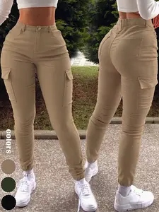 GILIPUR Y2K Khaki Textured Woven Fabric Work Pants with Multiple Pockets, Women's Slim-Fit Skinny Cargo Pants, Casual Sports Style for Summer and Autumn, All Sizes