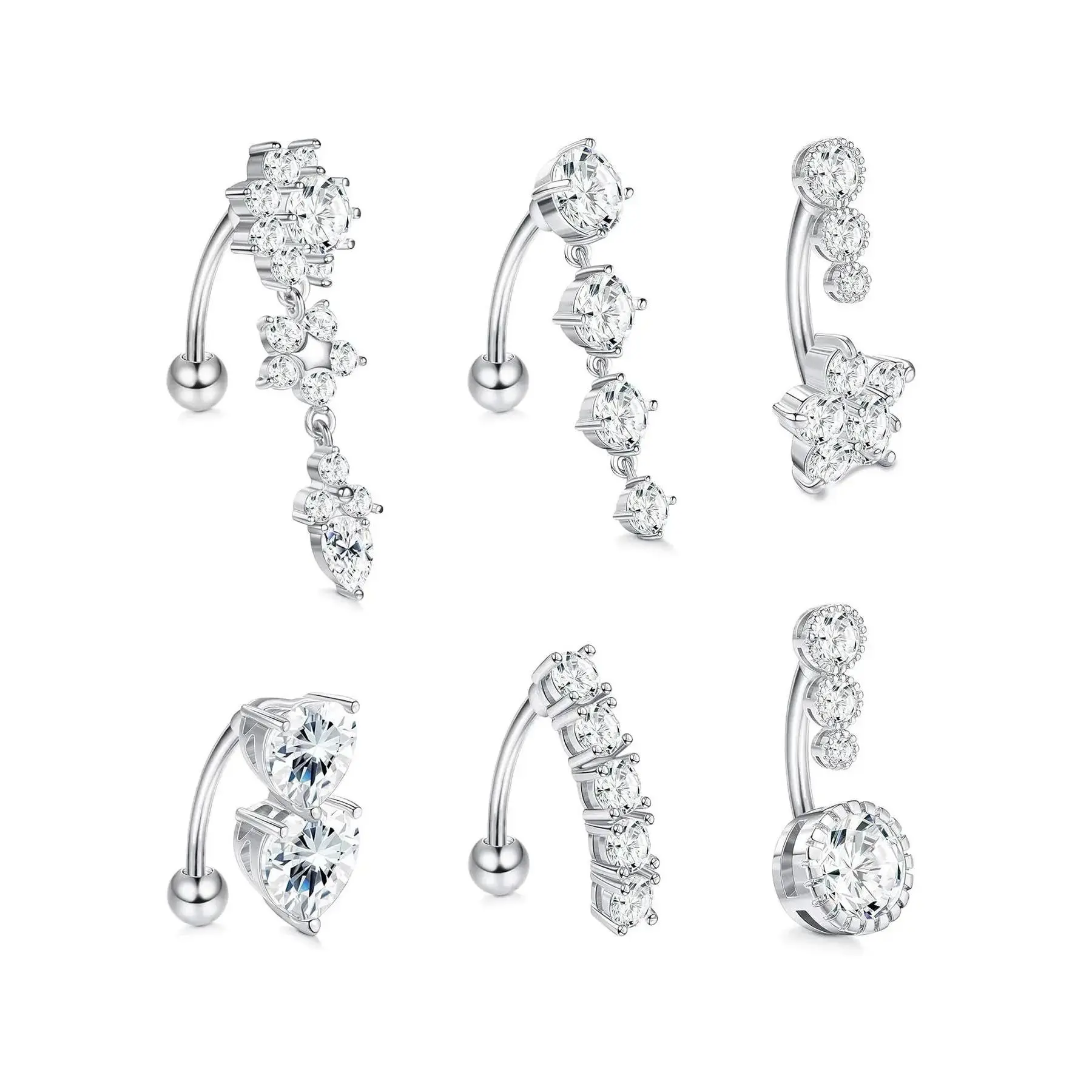6pcs/set Rhinestone Decorated Heart-shaped Upside-down Belly Button Ring, Belly Hoops, Belly Rings, Women Belly Piercing Body Jewelry, Navel Piercing Jewelry, Elegant All-match Fashion Accessories for Daily Wear