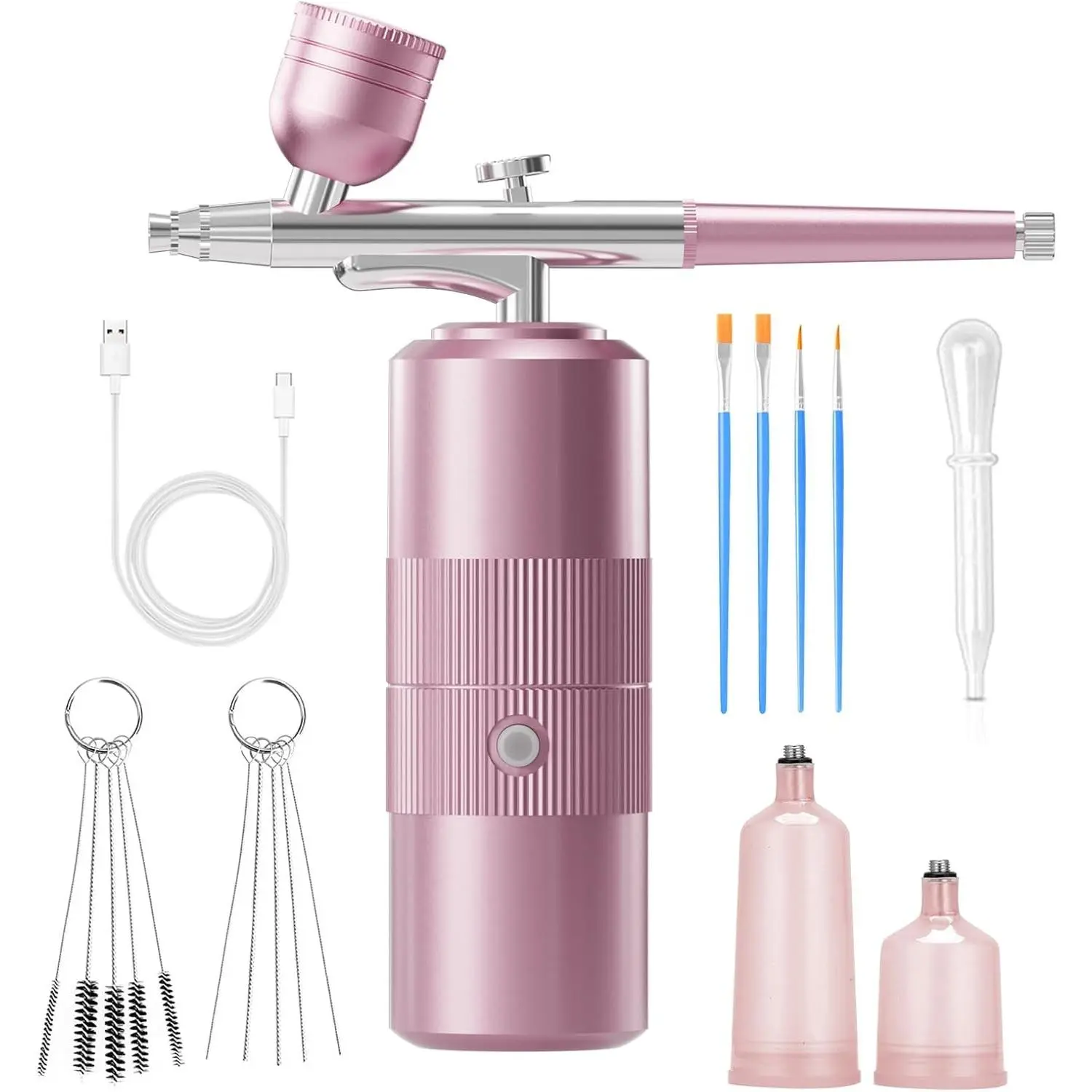 Portable Cordless Rechargeable Airbrush Kit with 48PSI High-Pressure Compressor, 0.3mm Nozzle, Non-Clogging Design, Cleaning Brush & Nail Supplies for Nail Art, Makeup (Pink)