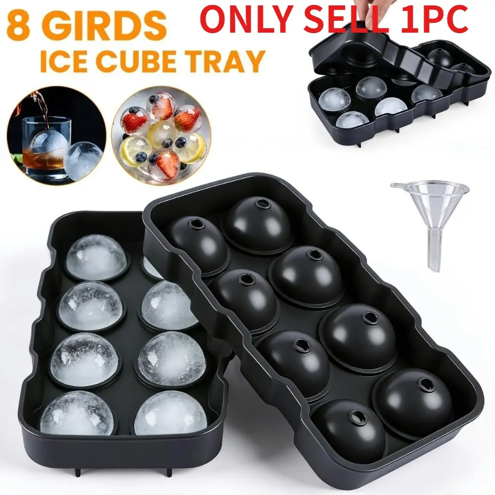 8-Cavity Silicone Ice Ball Maker, 1.57" Large Round Ice Cube Tray with Lid & Funnel, Food Grade Ice Mold for Whiskey, Cocktails, Coffee, Freezer Drinks, Also for Chocolate, Pudding, Candy Making