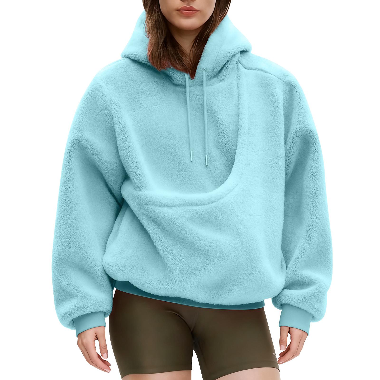 Autumn and Winter Solid Color Hooded Plush Pet Pocket Loose Pullover Sweatshirt for Women Fashionable Warm Cold Resistant Polyester,Gift