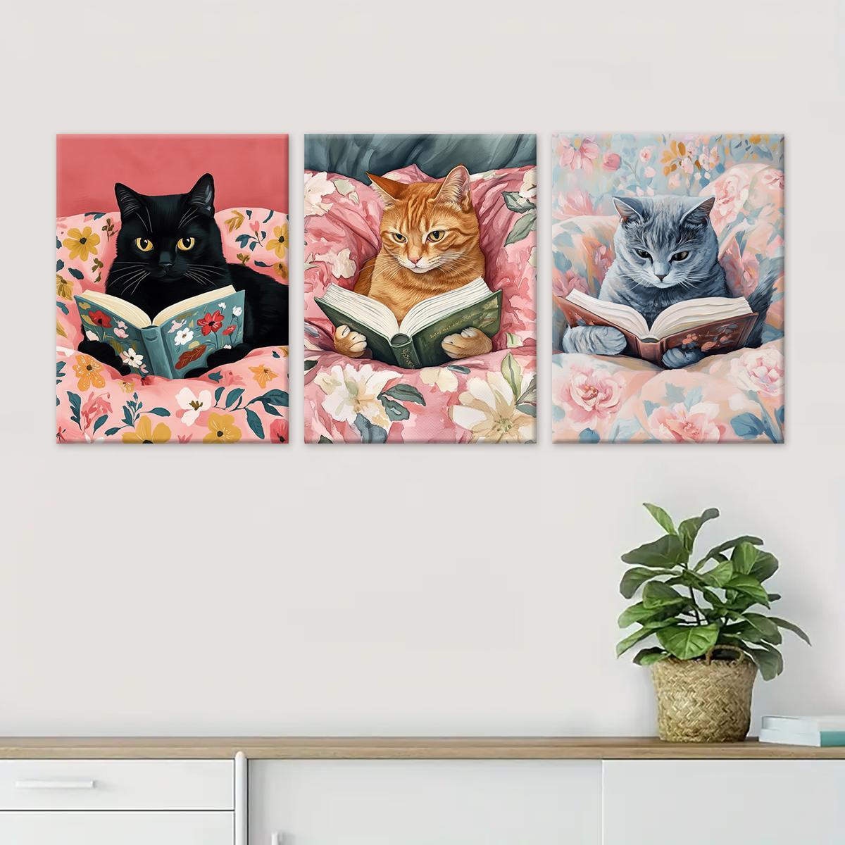 Cat Reading Book Pattern Canvas Painting with Frame, 3 Counts/set Colorful Animal Reading, Wall Decor for Home Living Room Bedroom Office Hanging Wall Art
