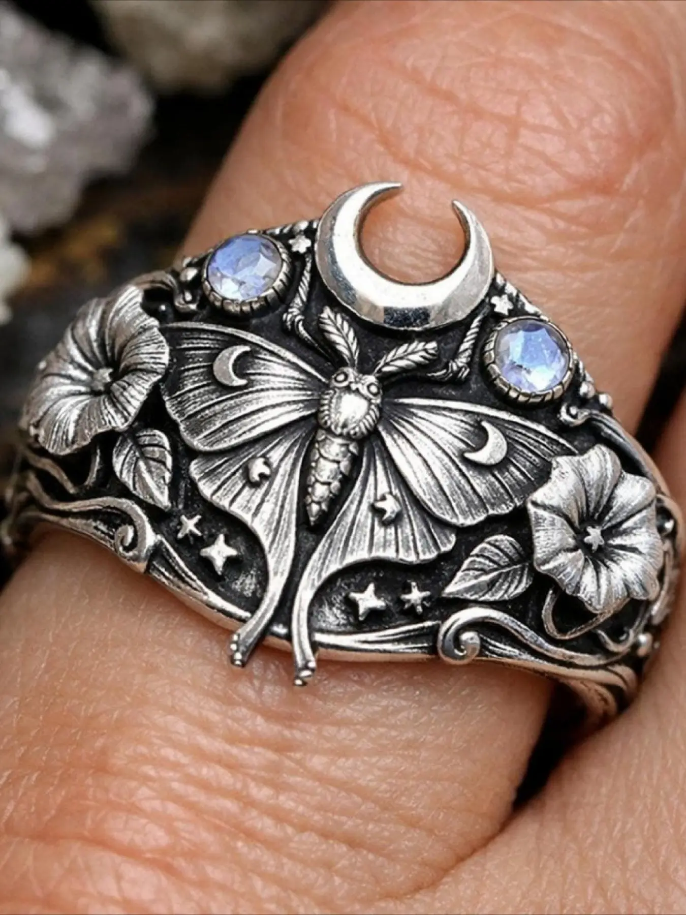 The Ultimate Vintage Moth Moon Star Floral Engraved Ring Antique Silver Imitation Moonstone Gothic Witch Statement Finger Ring Dark Mystical Halloween Premium Gift for Her.