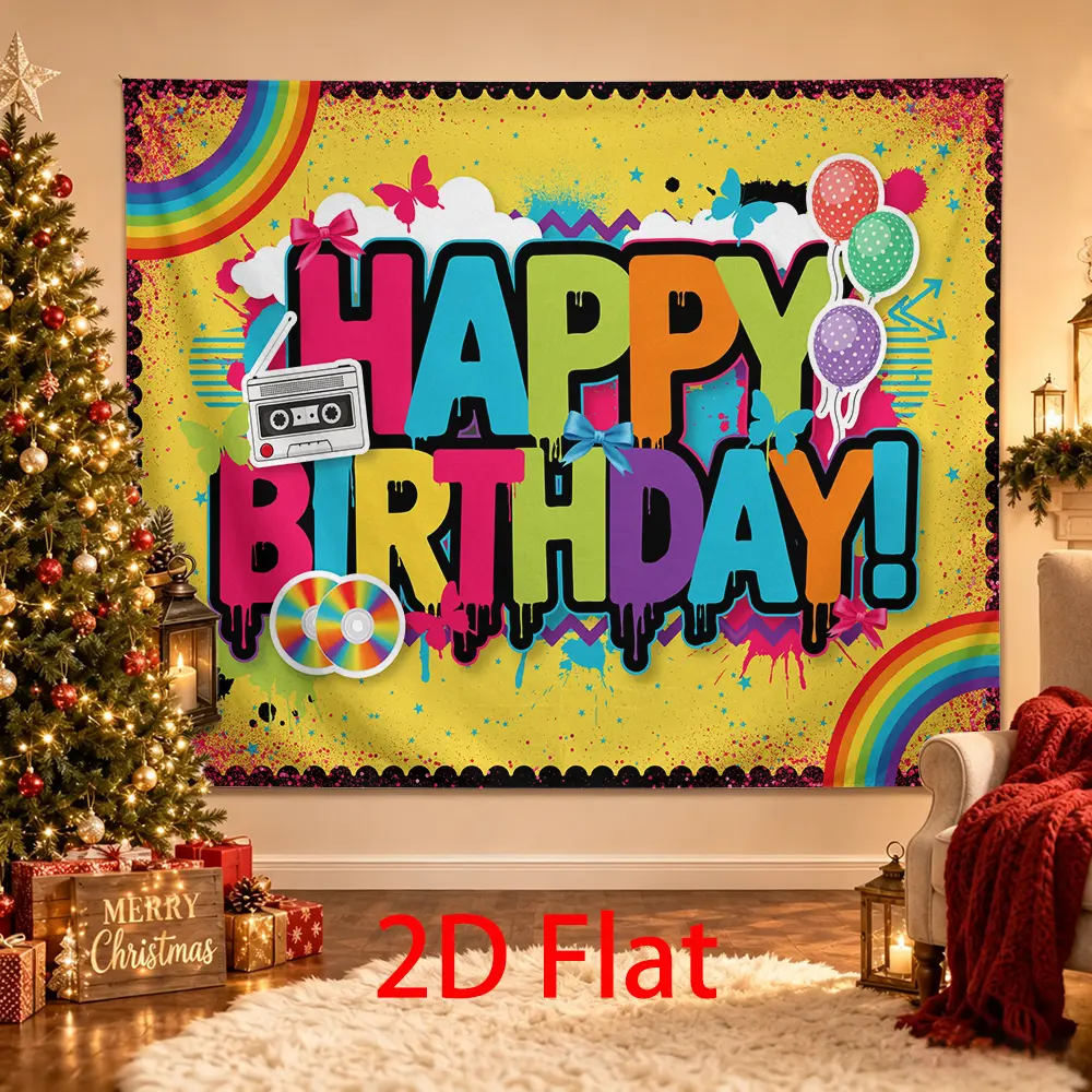 Retro Graffiti Happy Birthday Backdrop, Colorful Rainbow Cassette CD Party Background, 80s 90s Style Photo Booth Decor
