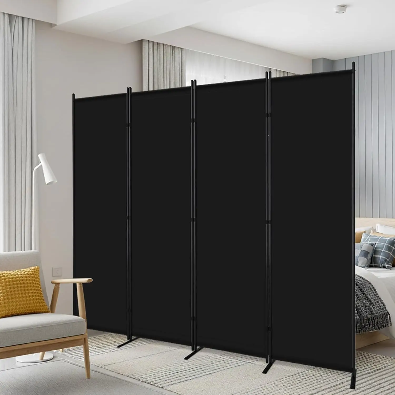 4 Panel Room Divider, 6FT Portable Wall Divider for Room Separation, 88"W Fabric Partition Room Dividers and Folding Privacy Screens, Freestanding Room Separators for Home Office Bedroom, Black