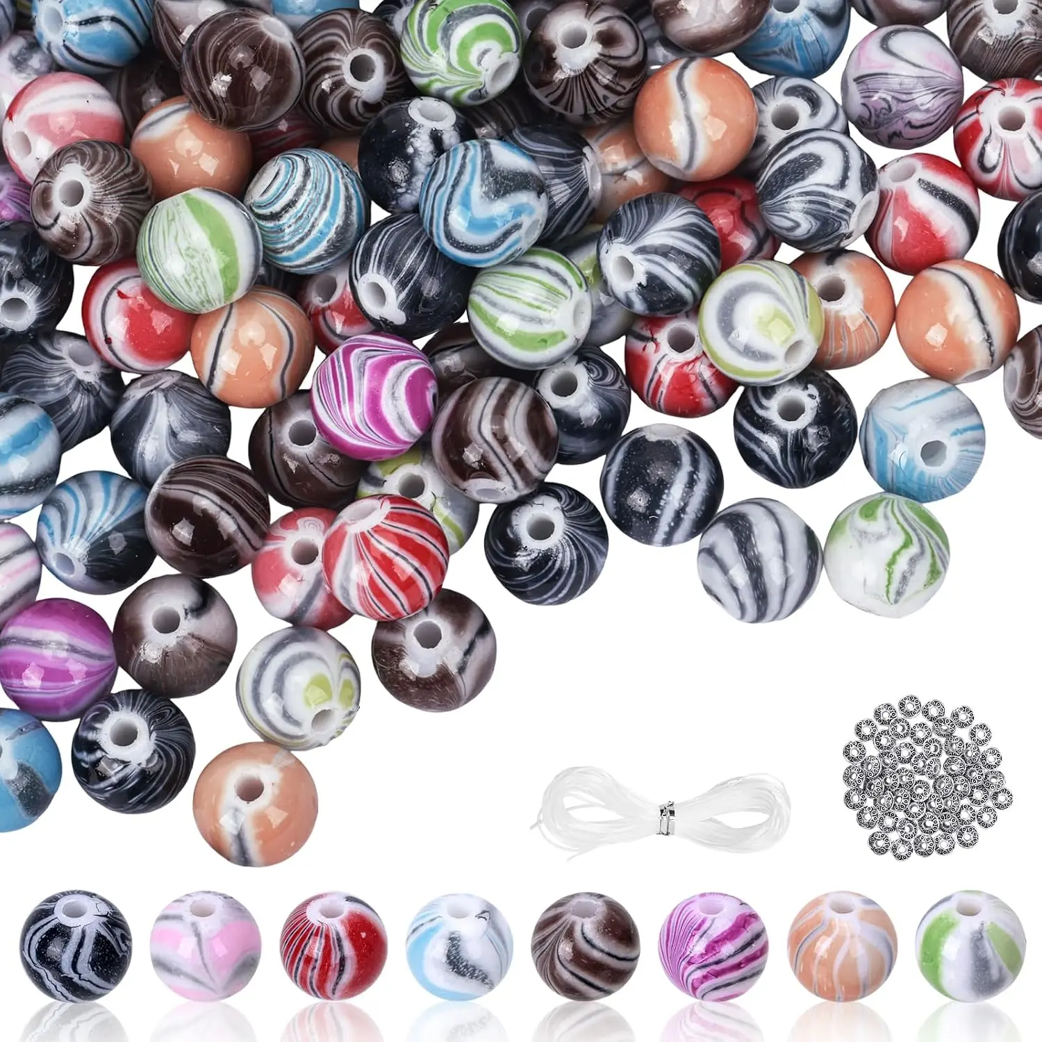 500 count 10mm Ink Patterns  Craft Beads Set |  Bulk Beads Ink Patterns, 50 count Spacer Beads &  String, 10mm Craft Beads,  Making Bracelets Necklace DIY