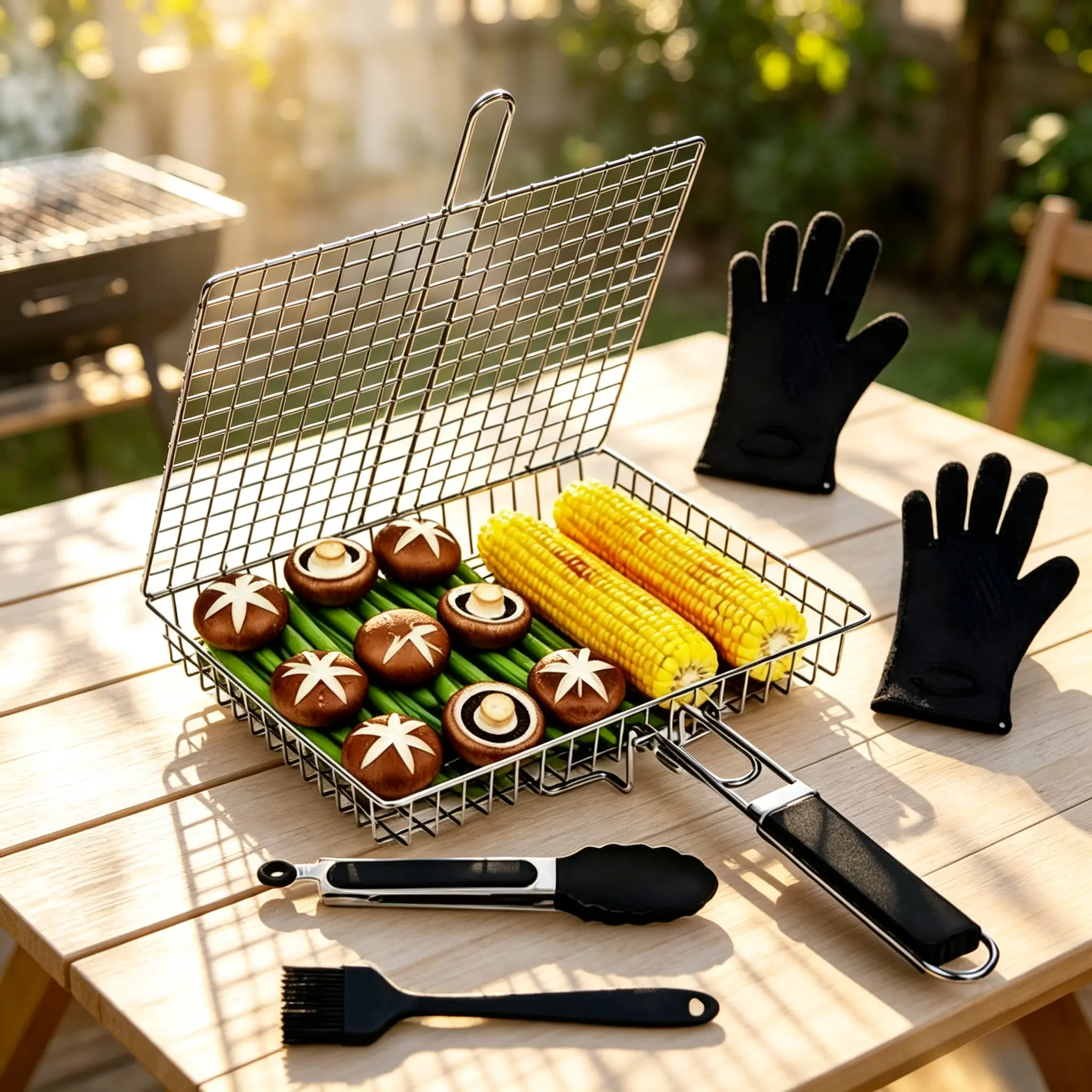 Stainless Steel Folding Handle BBQ Tongs, Outdoor Multi-Functional Grill Net for Grilling Fish and Vegetables