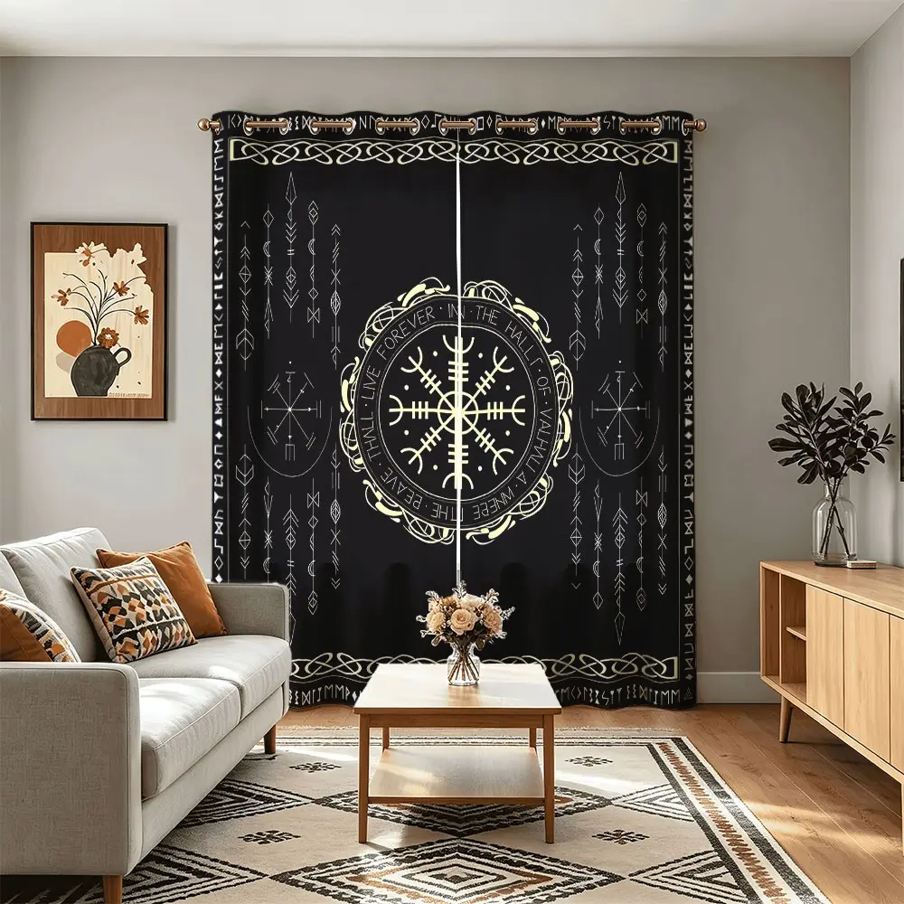 Viking Blackout Curtains 2 Panels, Norse Vegvisir & Runes Print Thermal Insulated Window Curtains, Black Gothic Celtic Knot Drapes for Bedroom Living Room Home Decor, Home Decorative Curtain