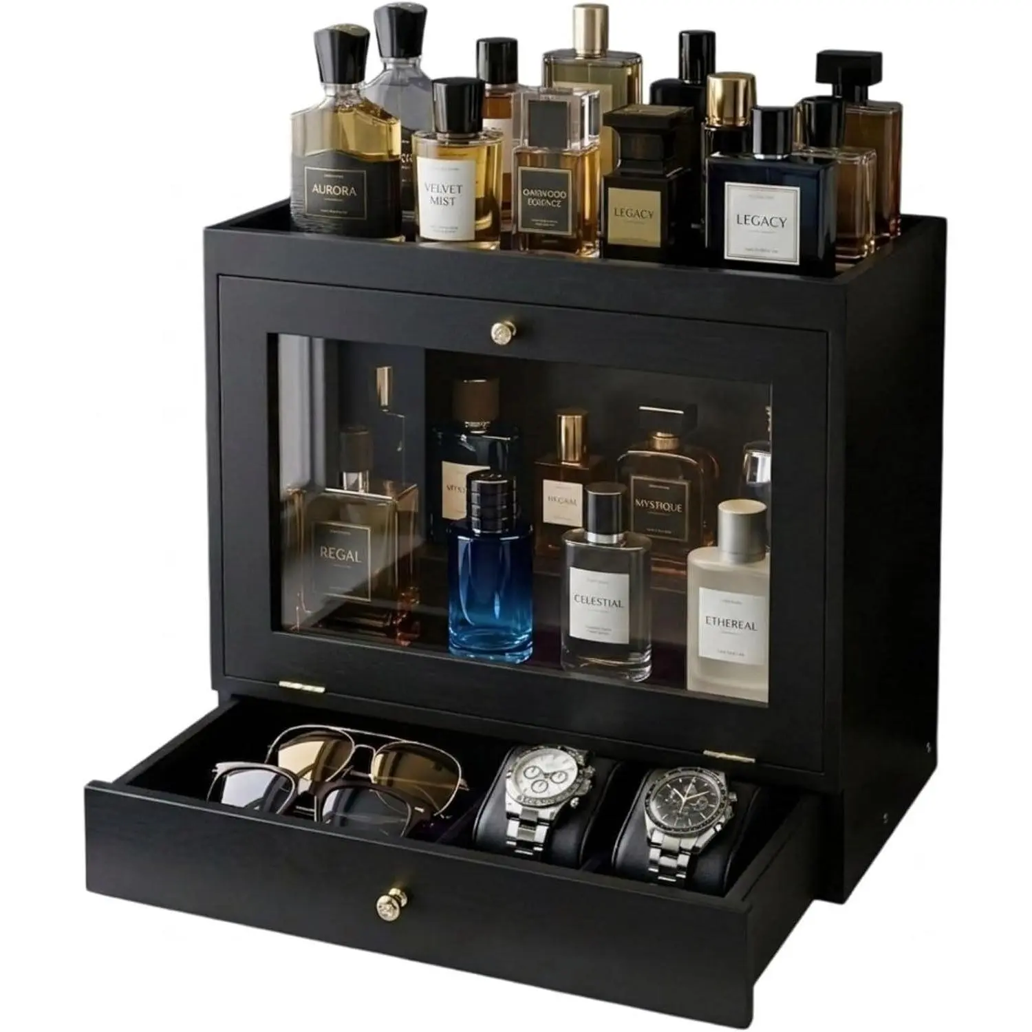 Cologne Organizer for Men, Large Capacity Solid Wood Perfume Organizer with Dustproof Acrylic Door and Drawer Storage, Display Cologne Stand for Dresser, Ideal Gift for Men