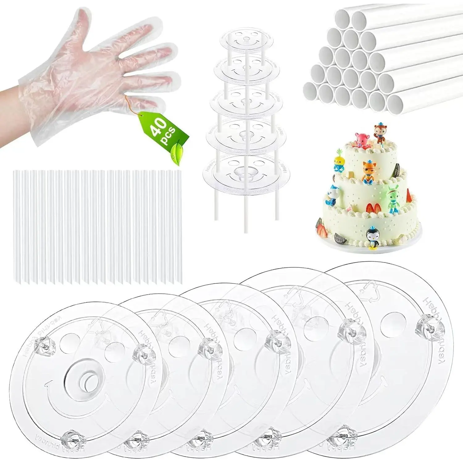 Plastic Cake Dowel Set: 40 Rods, 20 White Support, 5 Separator Plates for 4 to 12'' Cakes & 15 Clear Stacking Dowels