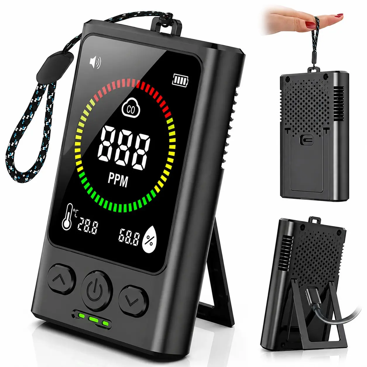 Portable Co Detector, Carbon Monoxide Detector, Rechargeable Co Alarm, Handheld Triple Monitor with Temperature Humidity, Ideal for RV Camping Tent Boat Home