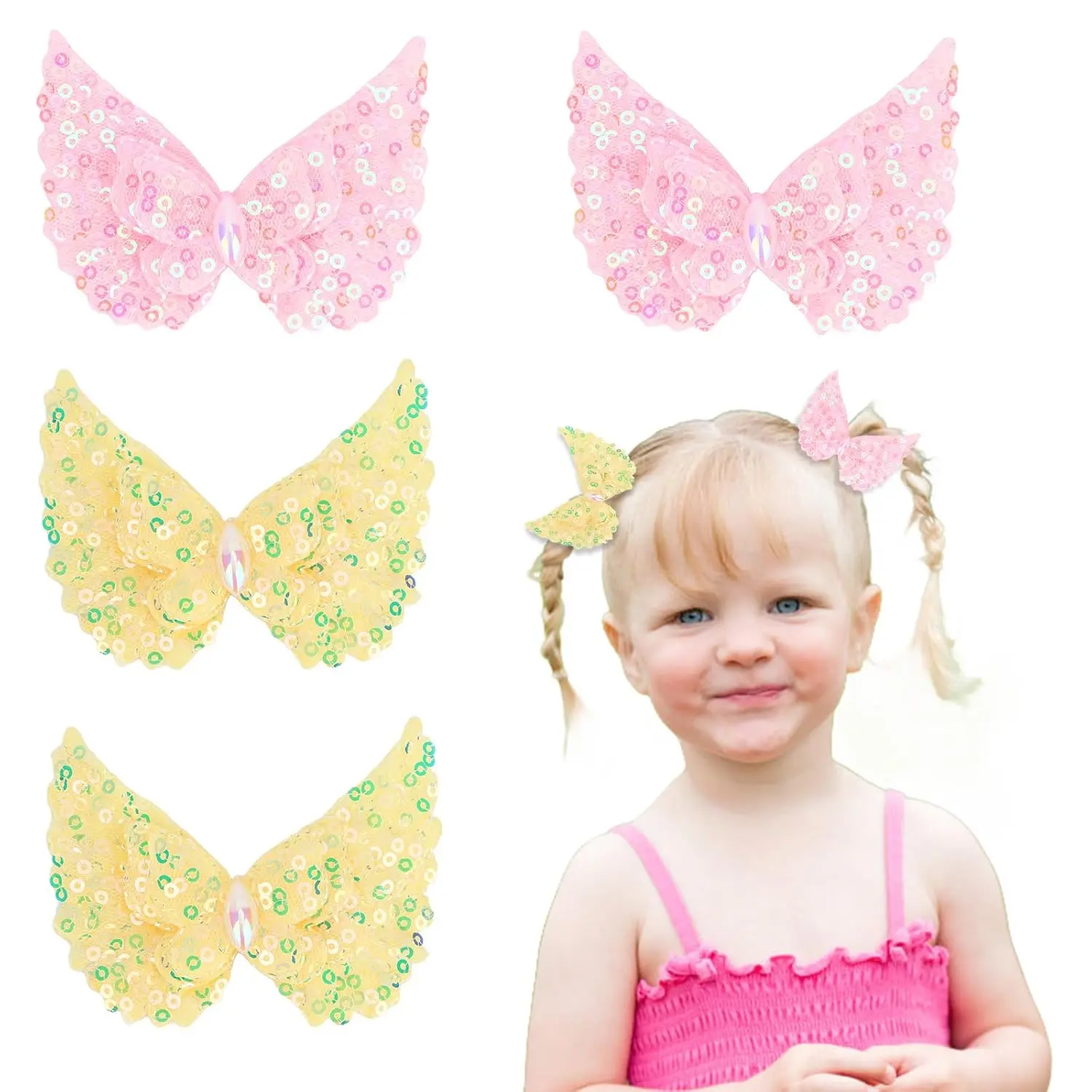 & Yellow Sequin Hair Bows Clips,4PCS Butterfly Sparkling Bling Bow,Cute  Hair Clip Accessories for Birthday, Year & Daily Wear