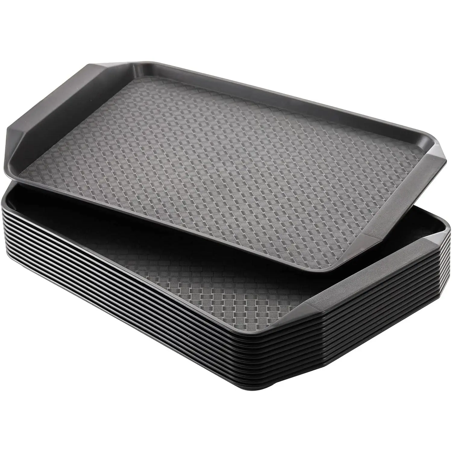 12 Pack Plastic   Trays for Eating, 17IN x 11.7IN Black Restaurant Serving Trays with Handles, Rectangular Cafeteria Tray for Coffee, Parties, Lunch Table, Kitchen, Non Skid