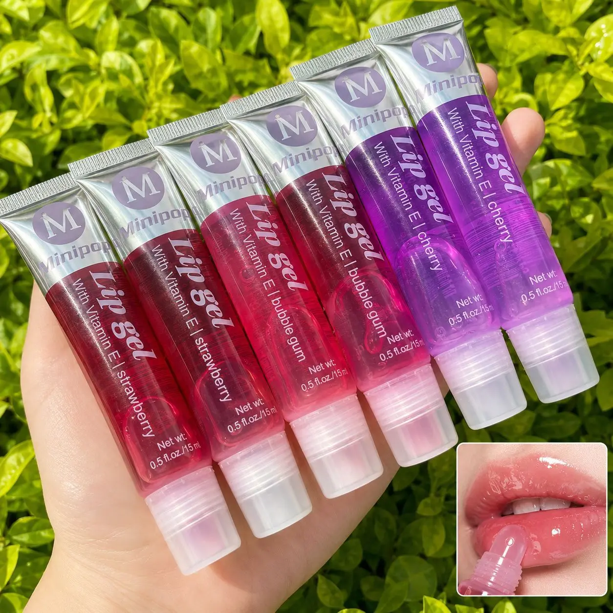 Gel Gloss, Vitamin E Hydrating Lip Plumper Gloss, Long Lasting Shiny Moisturizing Lip Oil, Strawberry Bubble Gum Cherry Fruit Flavor Clear Lip Gloss for Women Daily Lip Care 15ml
