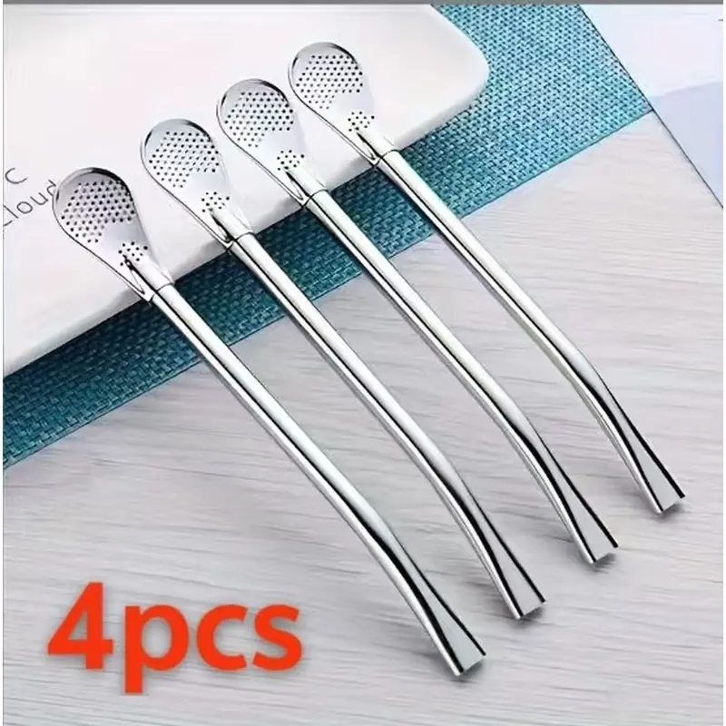 4pcs stainless steel straw spoon filter, reusable scented tea spoon, leaf tea straw, metal straw, coffee blender, for drinking milk drinks, detachable stainless steel straw filter spoon, for drinking loose tea (silver).