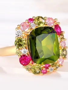 Olive Olivine Rainbow Halo Ring, Elegant Plain Design, Perfect Gift for Girlfriend, Mom, Anniversary, Birthday, Valentine's Day
