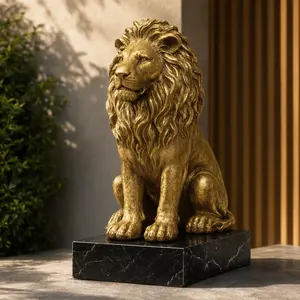 24-Inch Tall Gold Resin Animal Lion Statue - Art Deco Freestanding Guardian Sculpture, 16.5 lbs., for Entryway, Patio, Garden Decor, Symbol of Courage & Protection