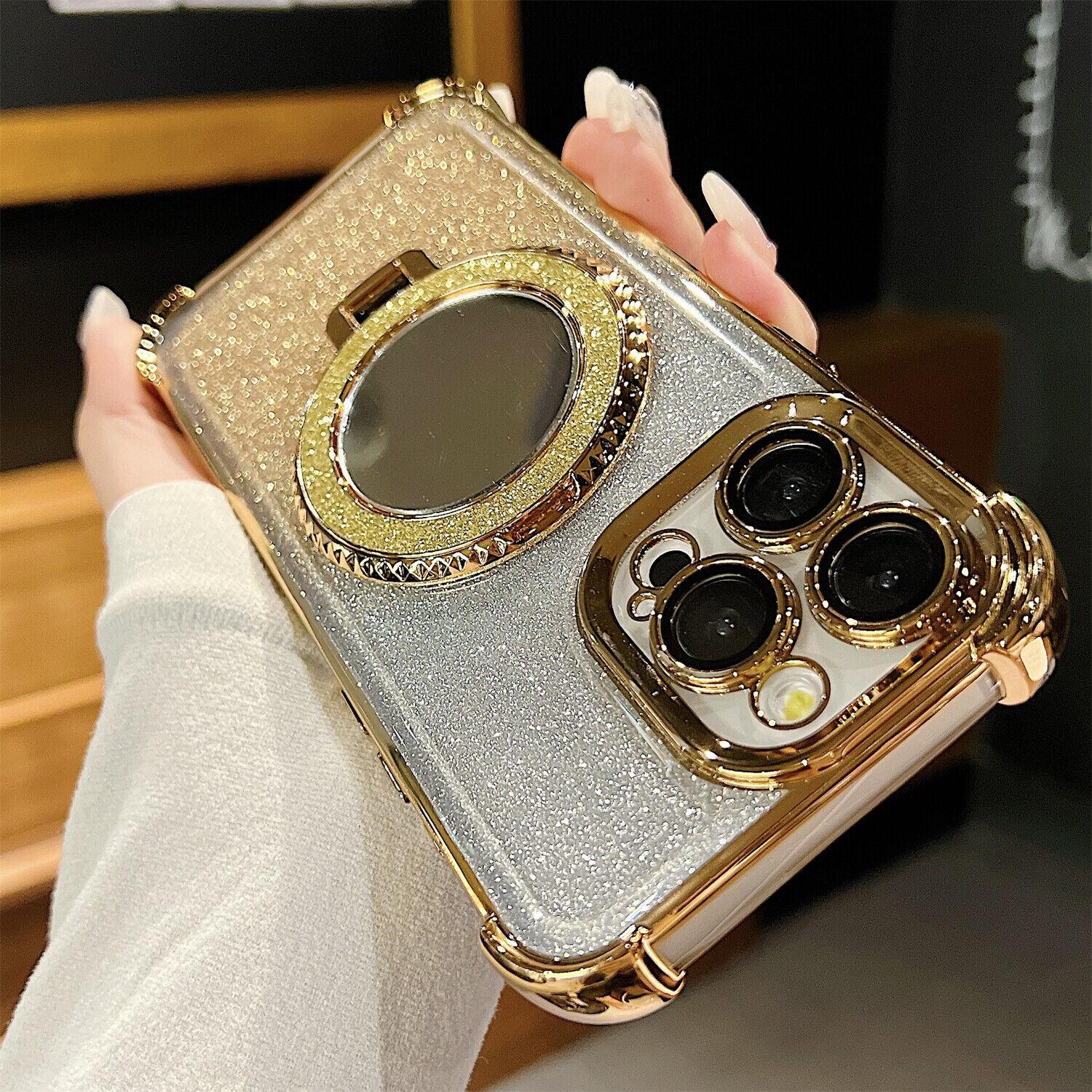 OREKROY Mirror Bling Case Ring Kickstand MagSafe Cover For iPhone 16 Pro Max 15 14 13 12,Anti-fall Shockproof Bling-bling twinkle Phone Cover,Phone Accessories
