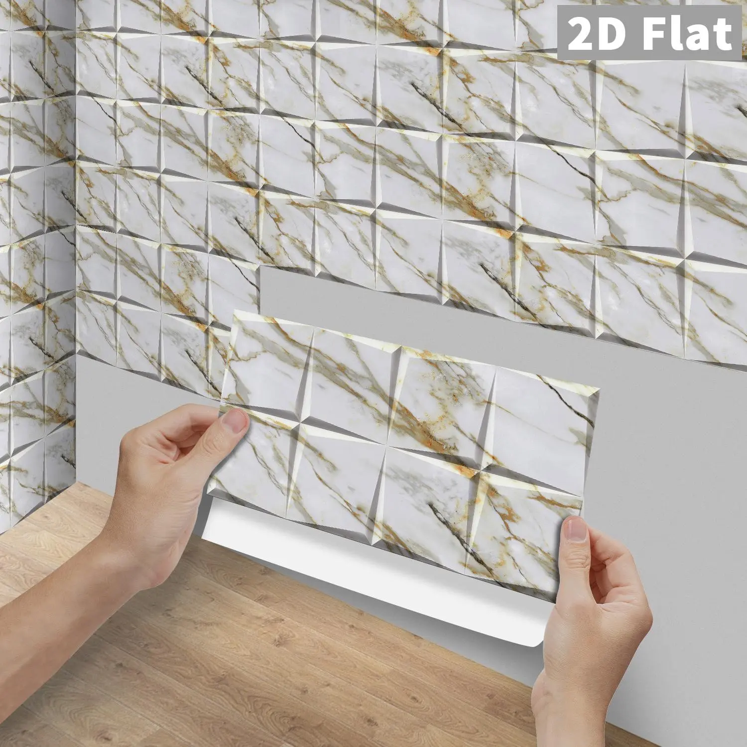 6/12/24/48PCS FG White Gold Marble Tile Stickers PVC Crystal Film Peel & Stick Waterproof Oilproof Kitchen Splashback Wall Decorative Decal