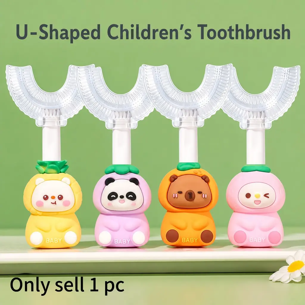 Fruit and animal U-Shaped 360° Cleaning Children Toothbrush, Panda/bear Shape, Baby Brushing, Kids Love Using It, Fun and Effective Oral Care