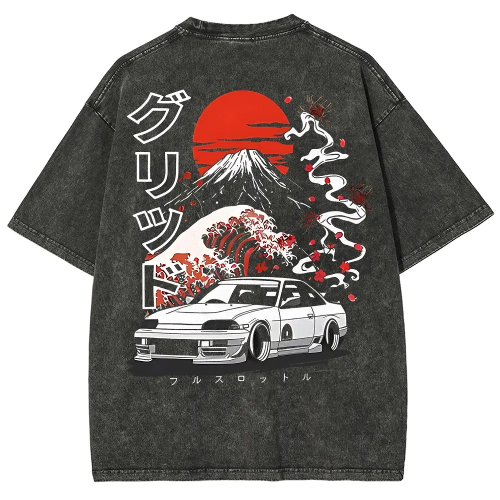 Vintage Washed Japanese Wave JDM Graphic T-Shirt Heavyweight Oversized Drift Car Tee Unisex Streetwear Muscle Car