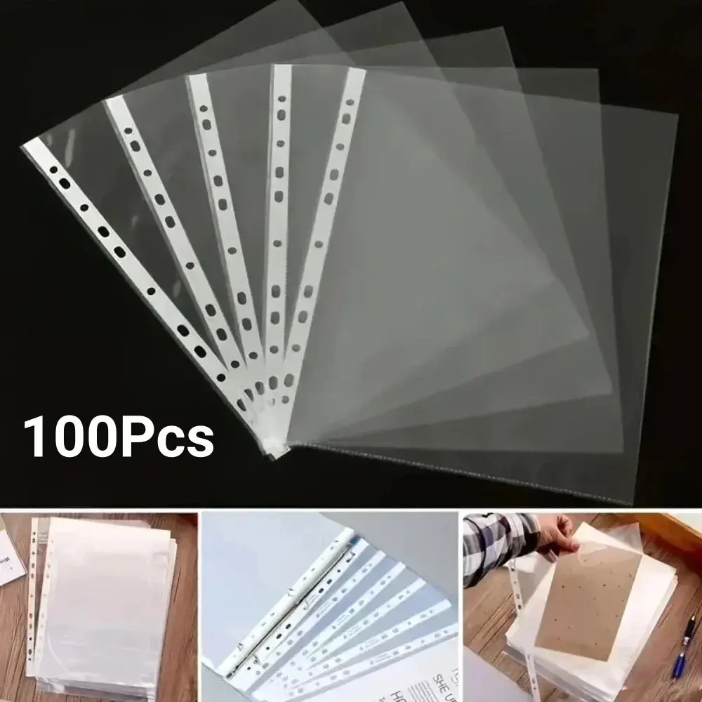 100Pcs 11 Hole Transparent Plastic Punching Folder, Suitable for A4 Documents, Sleeves, Leaf Bag Protectors, Office Supplies, Store Ticket Sorting, Office Business Archiving