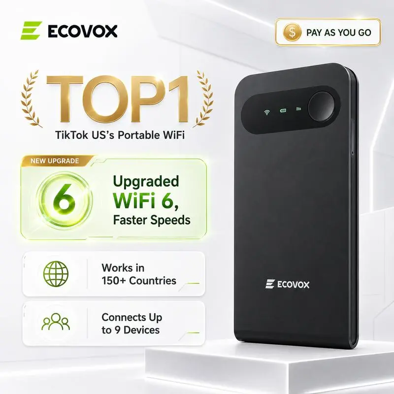 ECOVOX Pocket 4G Wireless WiFi Hotspot Device - ABS Build, Auto-Switch Portable LTE Router, 150Mbps Download Speed, 1-Click Connect, 9-Device Support, Compact Outdoor WiFi for RV & Camping, One-Click