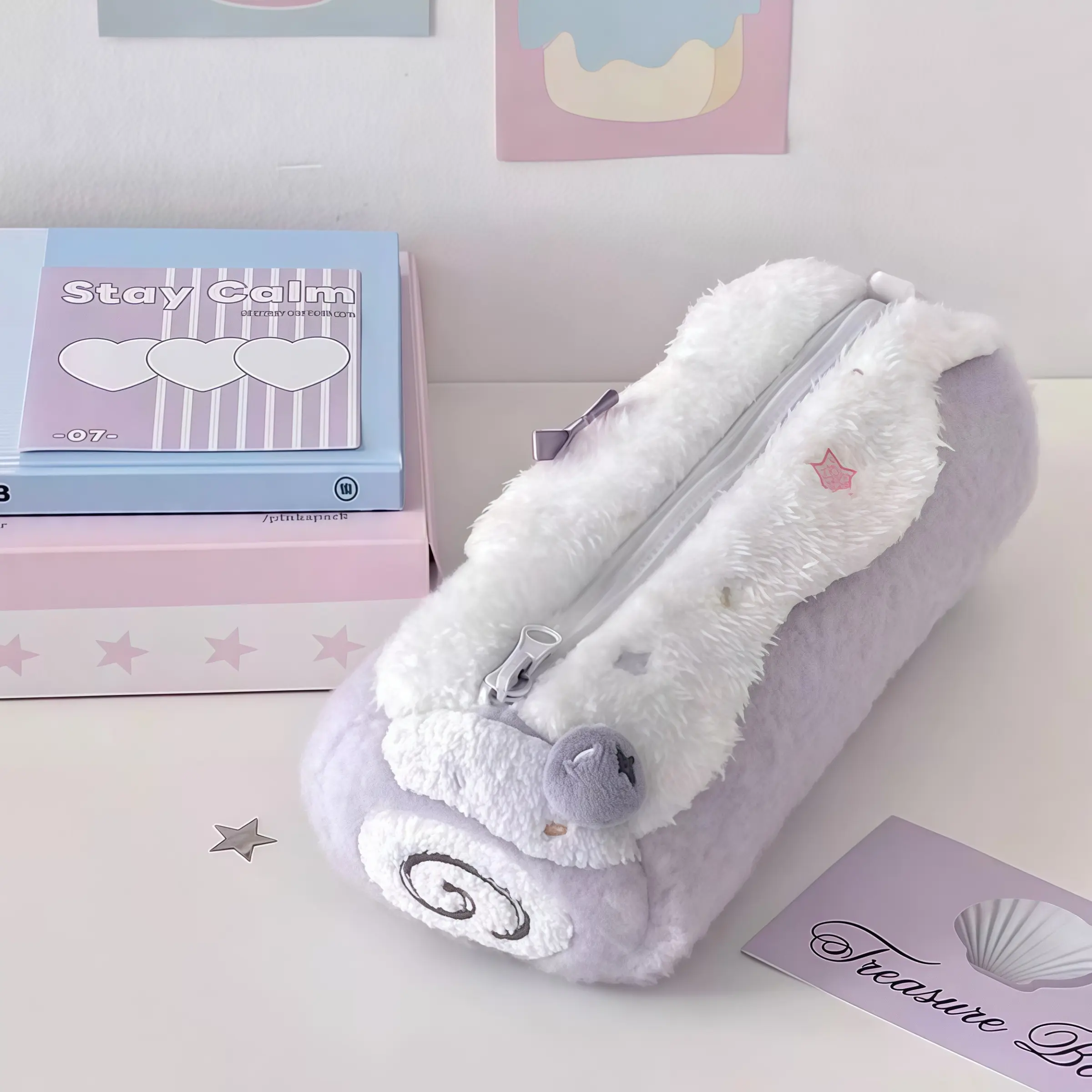 Cute Swiss Roll Cake Plush Pencil Case, Kawaii Strawberry Cherry Cake Roll Pen Pouch, Large Capacity Fuzzy Stationery Organizer Bag for School Students Teens Girls Women, Aesthetic Kawaii Back to School Birthday Christmas Gift