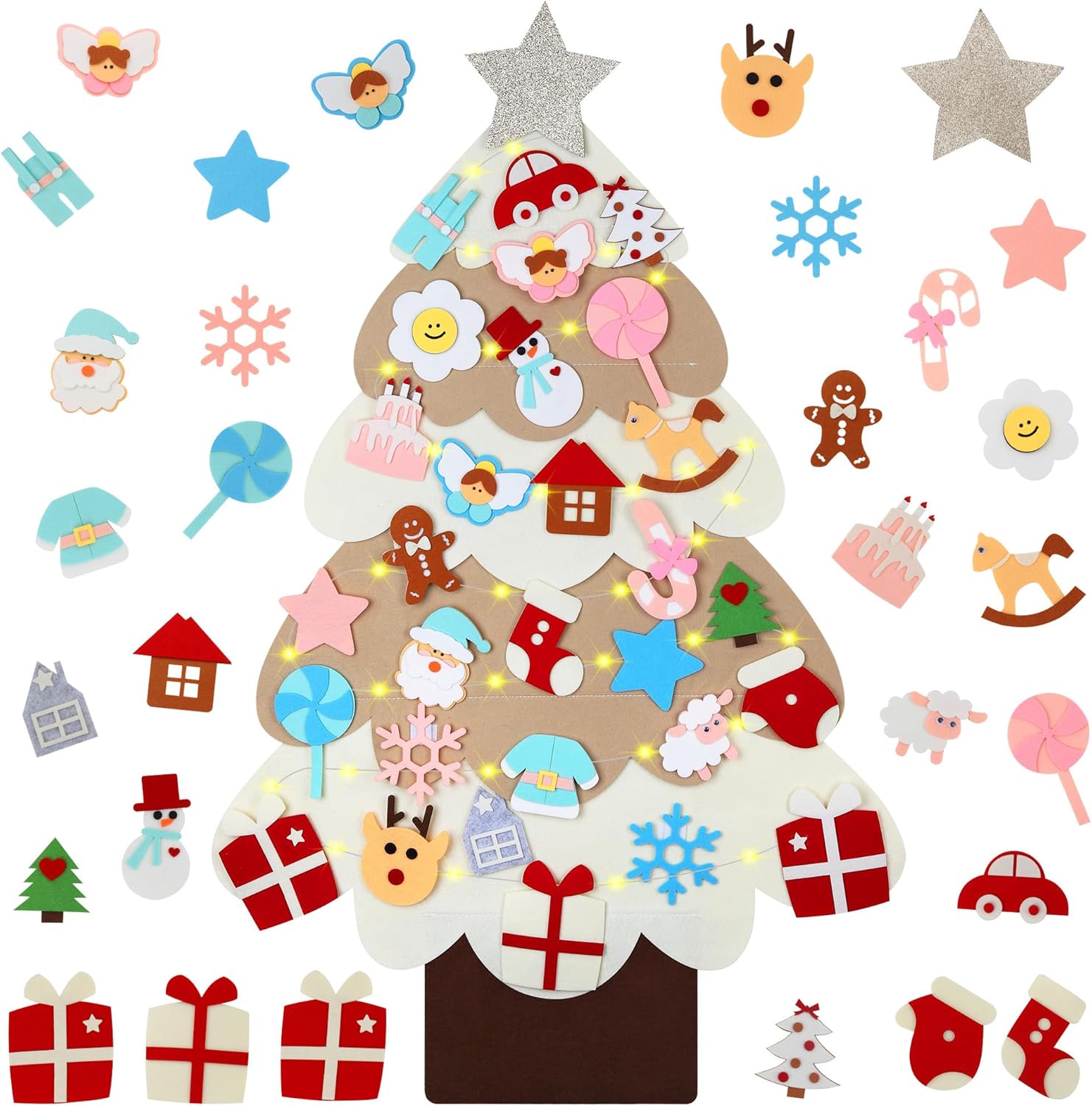 Felt Artificial Christmas Tree Set - Christmas Decorations 2025 with 26 Detachable Ornaments & LED Lights| DIY Wall Hanging Kit for Kids, Home Party Gift Felt Artificial Christmas Tree Set - Christmas Decorations 2025 with 26 Detachable Ornaments & LED Lights| DIY Wall Hanging Kit for Kids, Home Party Gift