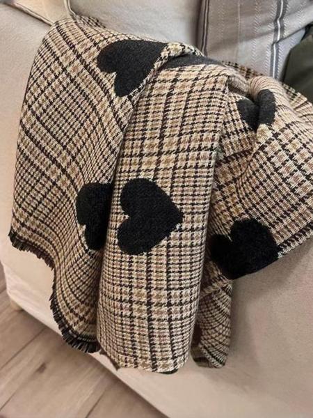 Fashionable Plaid & Heart Pattern Tassel Decor Scarf, Checkered Scarf, Casual Soft Warm Shawl for Fall & Winter, Fashion Accessories for Women & Men