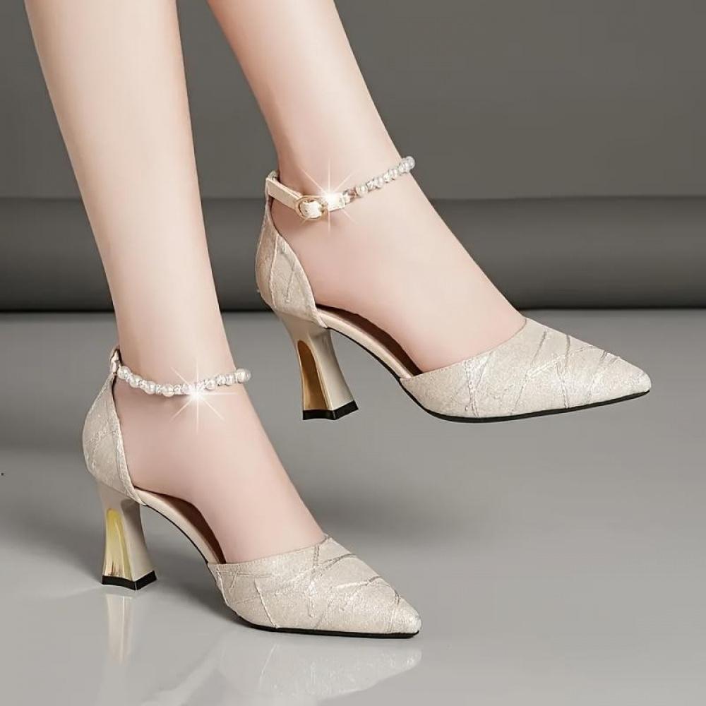 Women's Faux Pearl Decor High Heels, Elegant Point Toe Dress Pumps, Fashion Buckle Strap Heels