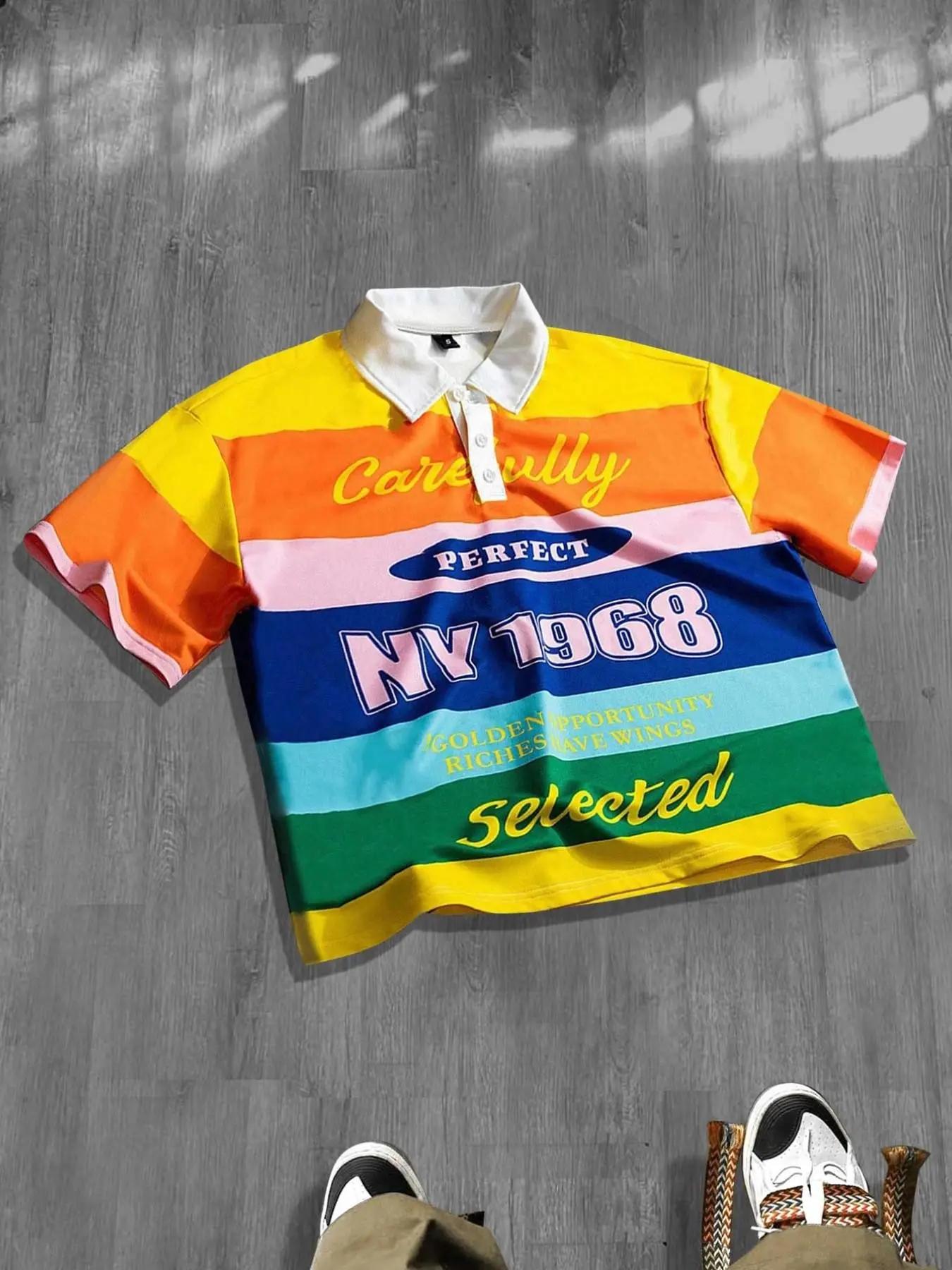 NY1968 Colorful Striped Short-Sleeve Men's Polo Shirt, Unisex American Retro Preppy Style Letter Print Short-Sleeve Men's Polo Shirt, Summer Color Block Loose Casual Polo Shirt, Women's Street Style