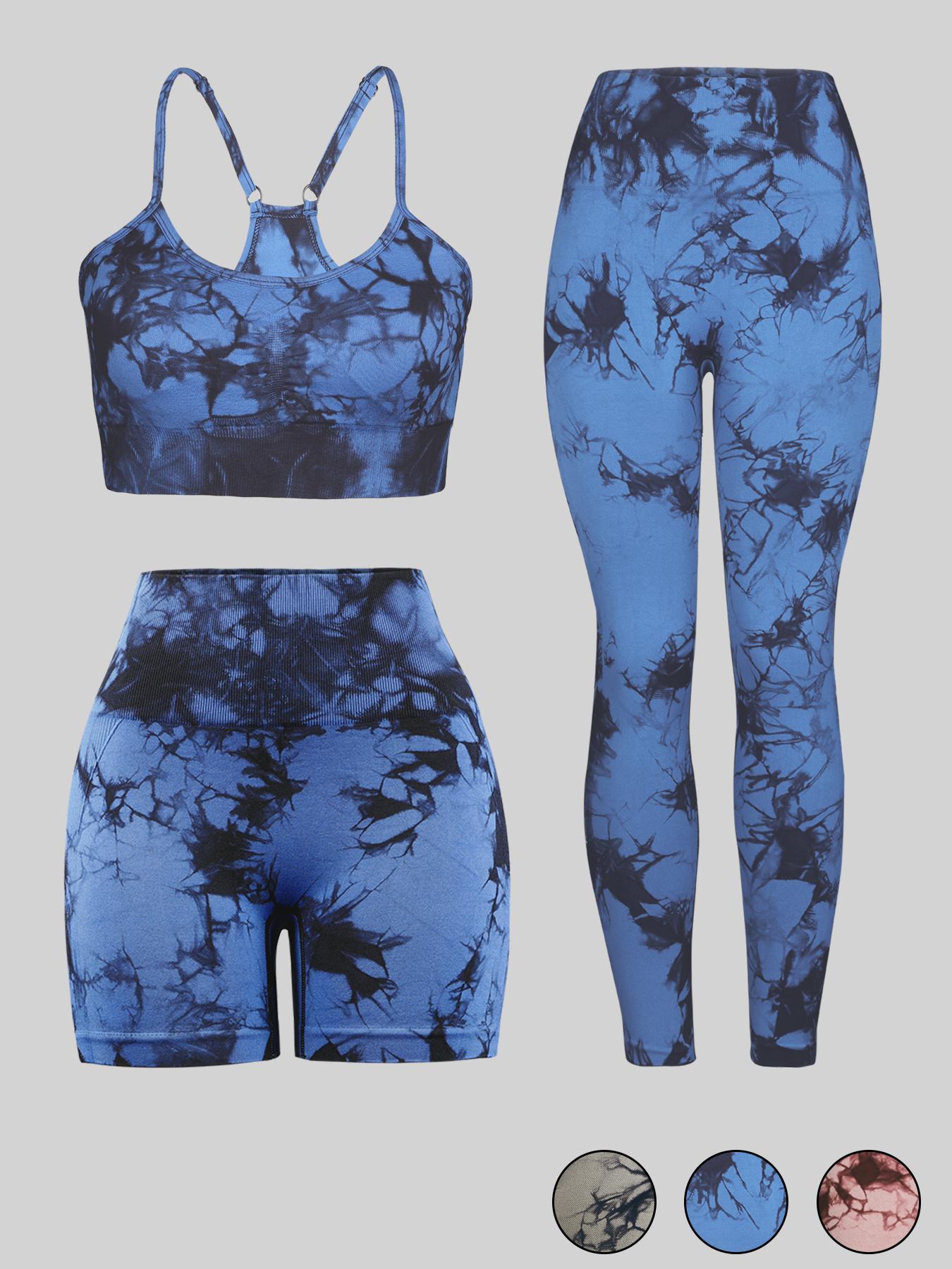 Women's Tie Dye Print Crop Sports Bra & High Waist Leggings & Skinny Shorts Yoga Tracksuit Set, Breathable Sweat-absorbing Gym Workout, Ladies Sportswear for All Seasons, Workout Sets Women