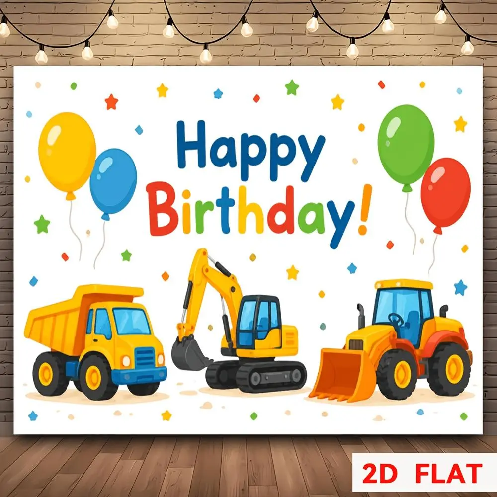 2D Flat Banner polyester photography backdrop, HD digitally printed soft lightweight foldable background cloth with construction vehicle happy birthday themed pattern, suitable for birthday party photos, portra