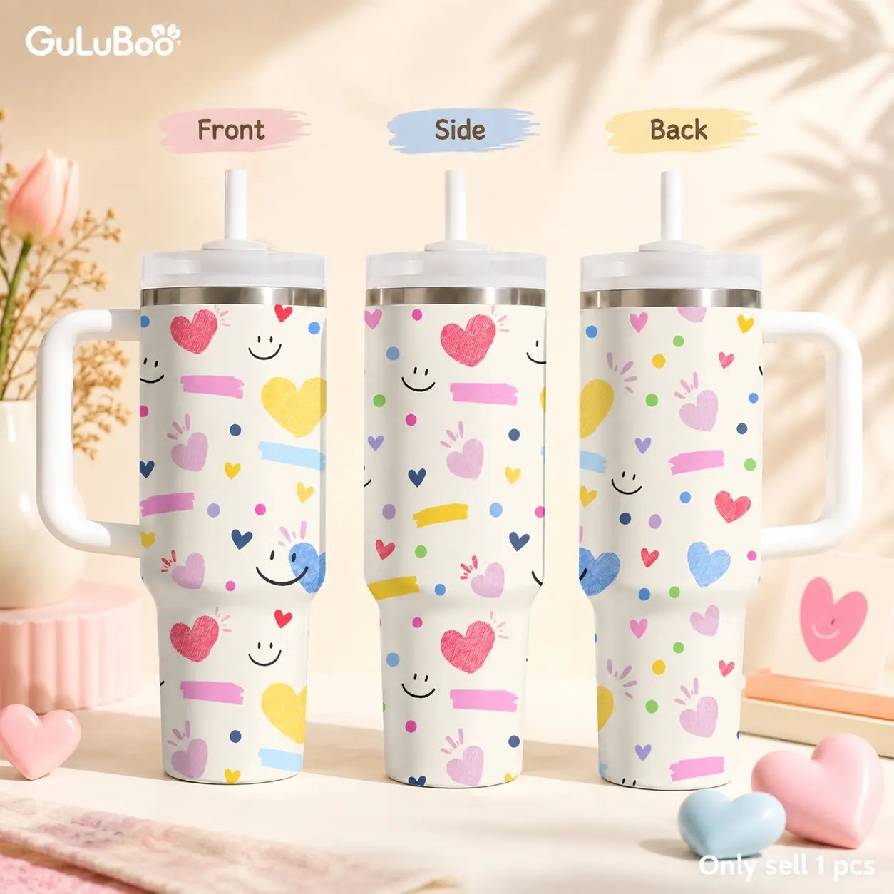 Crayon Happy Doodle Prints Vacuum Flasks 40oz Stainless Steel Tumbler with Handle & Straw – Vacuum Insulated Travel Mug, Keeps Drinks Cold Up to 24H, Leak-Resistant Cup for Iced Coffee, Water, Gym, Office & Travel