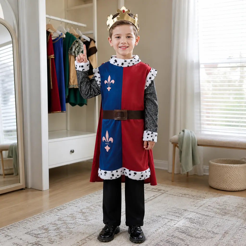 Boys Medieval King Costume, Royal Prince Dress Up Outfit for Halloween Party, Stage Performance & School Event
