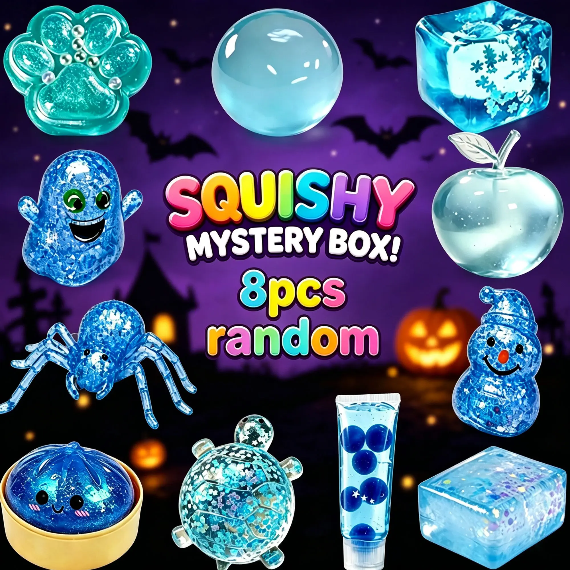 8-Pack Halloween Squishy Surprise Box - TPR Elastic Unisex Squishy Stress Relief Sensory Products, Affordable Squishies, Fidget Toys for Kids, Random Squishies