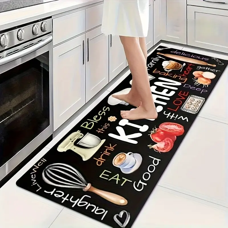 Kitchen Mat with Kitchen Utensil Pattern, Thick Polyester Fiber Rug, Suitable for Kitchen, Living Room, Porch, Balcony, Home Decor