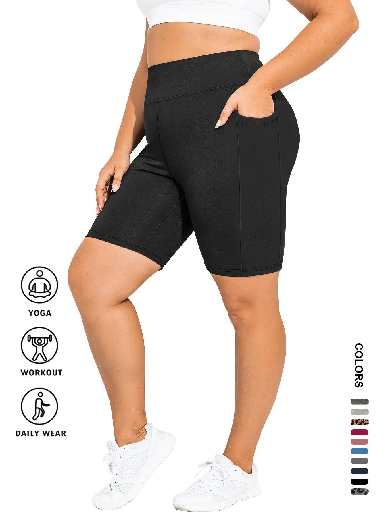 【Plus Size】 Plain / Leopard Print Pocket Design Skinny Short Leggings, Casual Comfy Breathable High Waist Short Leggings for Daily Wear, Women's Bottoms for Summer, Womenswear, Bodycon Shorts, Athletic Yoga Shorts