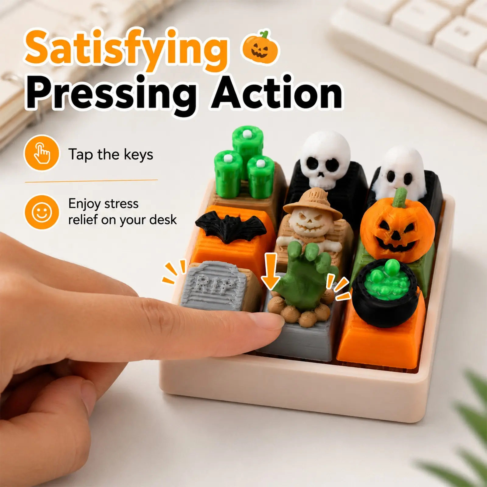 Halloween Theme 3D Printed Stress Relief Keycap, Nine Grid Skull Pumpkin Ghost Bat Tombstone, Desk Decor Office Fun Prop