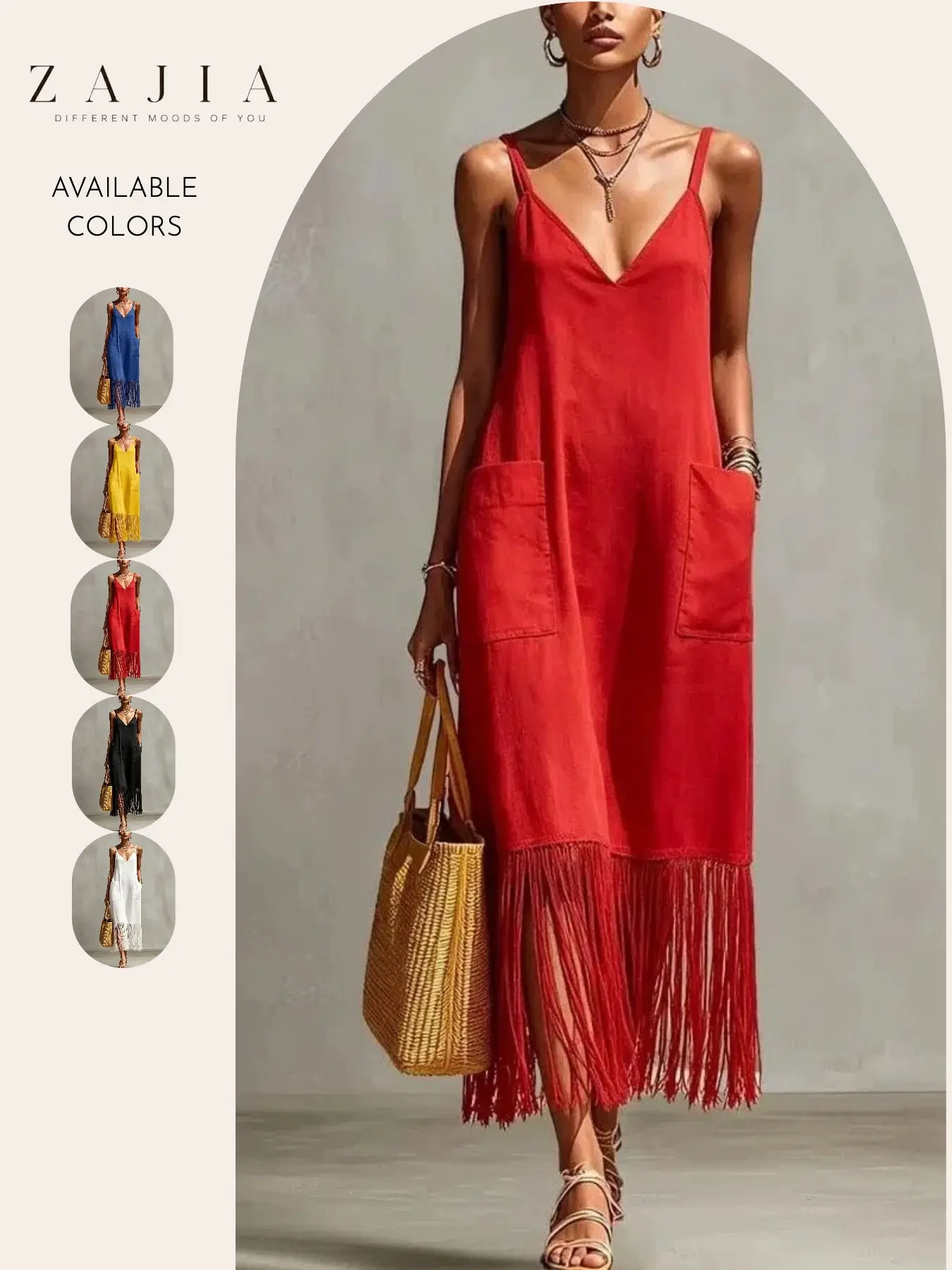 Women’s Sleeveless Spaghetti Strap Maxi Dress, V Neck Fringe Hem, Loose Fit Boho Beach Dress, Casual Summer Sundress with Pockets, Bohemian Casual Trendy