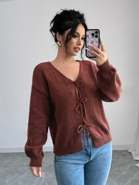 Women's Loose-Fit Shoulder Strap Sweater Cardigan, Solid Butterfly Knot Design, Casual Long Sleeve V Neck Knitwear for Spring & Fall