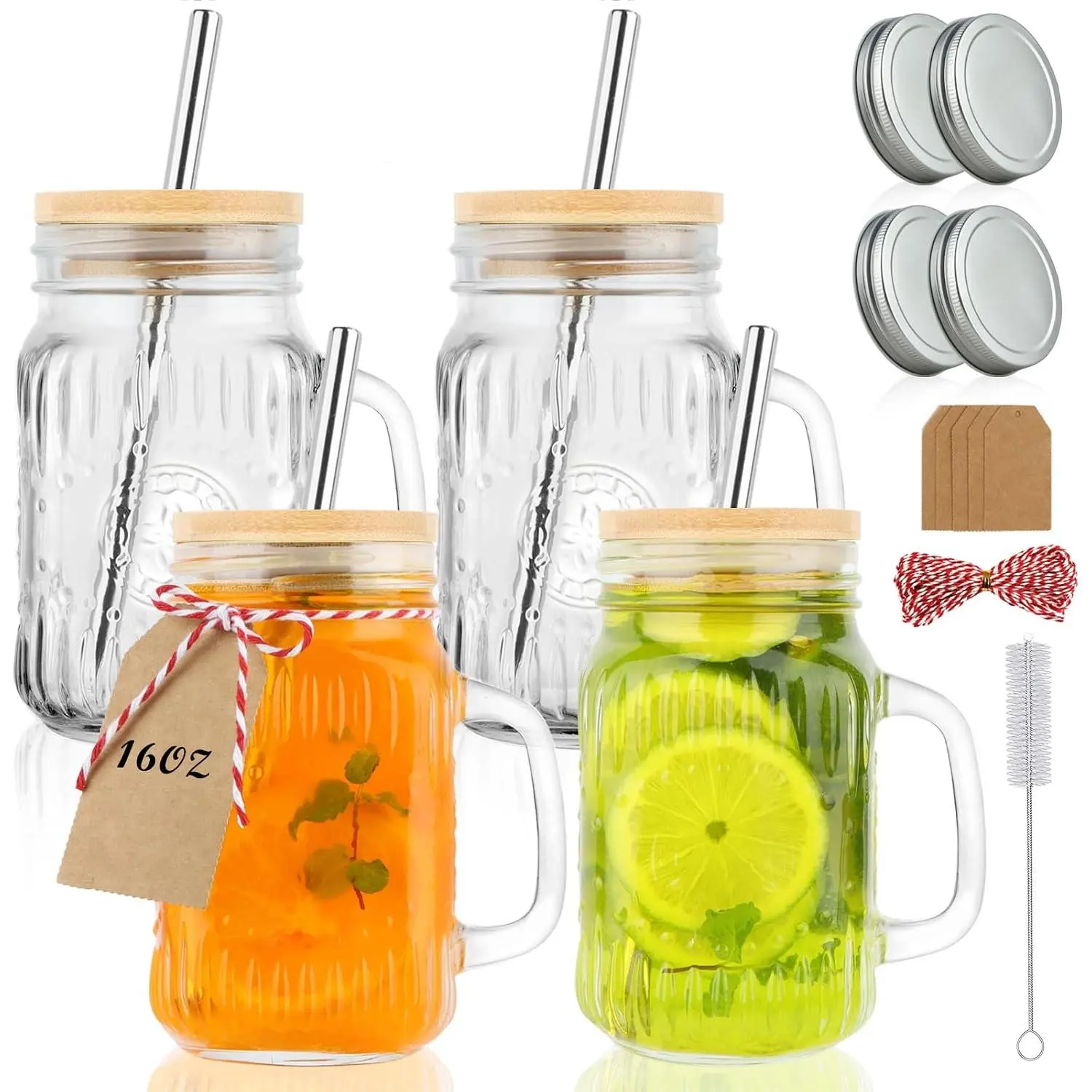 16 oz Thick Glass Wide Mouth Mason Jar Drinking Cups with Handles, 4-Piece Set with Straws & Airtight Leak-Proof Caps, Tumblers for Iced Coffee, Smoothie & Cold Drinks, Leaks, 16 Oz Cups