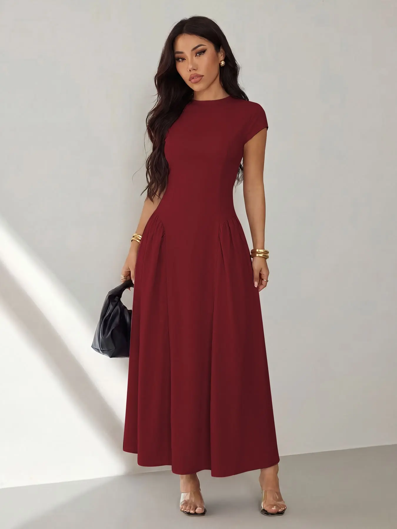 Women's Maxi Dress, Fashion Chic Summer Elegant Party Solid Short Sleeve Round Neck A-Line Dress, Casual Sexy Slim Fit Dress