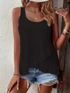 Plus Size Elegant Solid Color Cut Out Sleeveless Tank Top, Spring Summer Jacquard Fabric Asymmetrical Ruffle Hem Round Neck Elastic Backless Vest