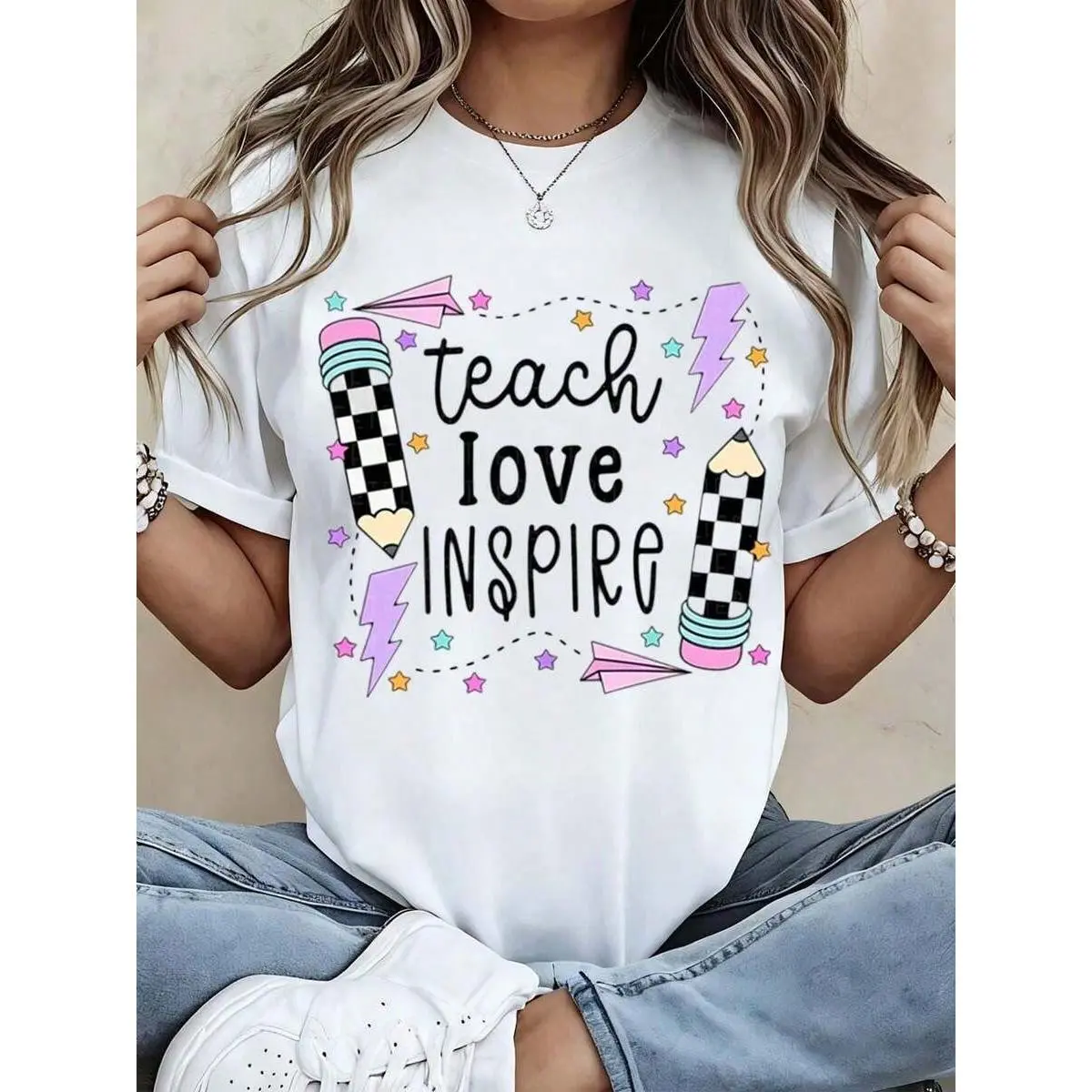 Teach Love Inspire Teacher Shirt For Women - Cute Graphic T-Shirt With Pencils And Stars, Perfect Gift For Teachers, Educators, And School Staff,