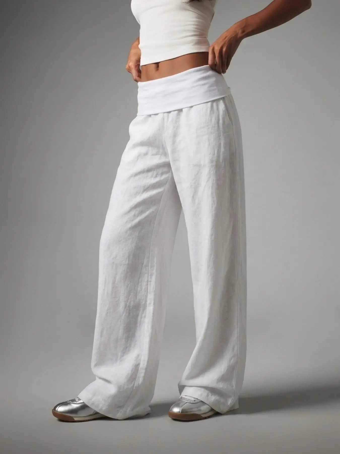 Women White Fold Over Waist Linen Look Wide Leg Lightweight Pants Casual Loose High Waist Trousers Vacation Bottoms